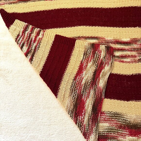 Handmade Knit Afghan Throw Blanket 48 x 45 Burgundy Tan Brown Striped - Picture 8 of 9